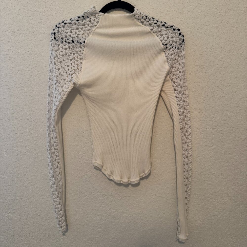 Free People Cream Ribbed Top with Intricate Crochet Lace Sleeves